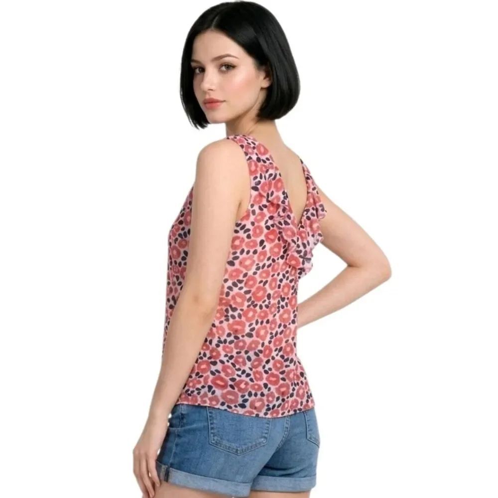 Cabi Flipside Red Floral Ruffle Detail Sleeveless Blouse Size S